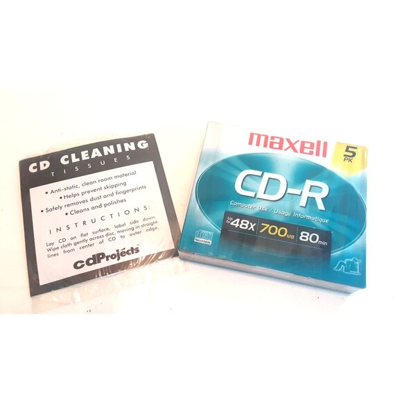 5 PK CD-R Computer Use Discs Maxell 48x  700MB  80min NEW & CD Cleaning Tissues - Picture 1 of 6